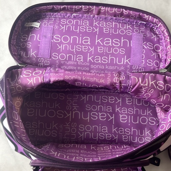 Sonia Kashuk travel bag double zippers train case top handle purple geometric - Picture 10 of 15